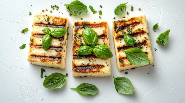 Grilled halloumi cheese with basil on white background. (4)
