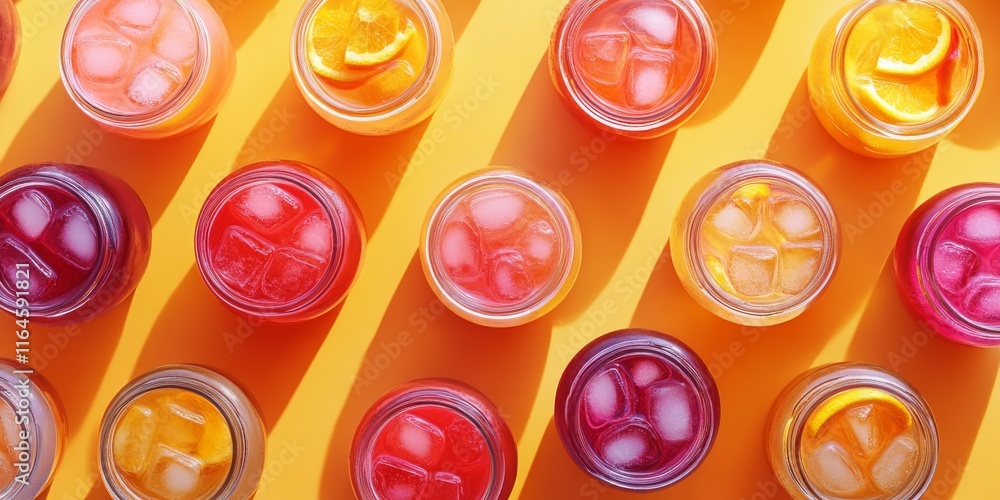 Poster a row of colorful drinks with ice cubes in them. the drinks are in different colors and sizes