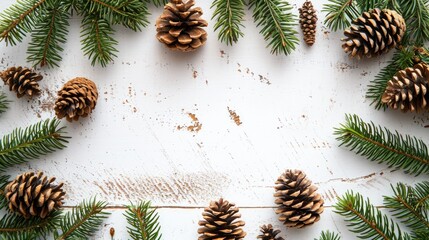 Winter Celebration: Festive Fir Branches and Cones Border for Greeting Card