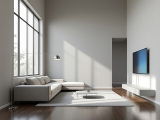 Modern living room design with minimalist style and natural light during the afternoon