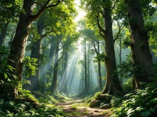 Fototapeta premium Majestic forest bathed in sunlight creates a serene pathway for exploration among towering trees and lush greenery