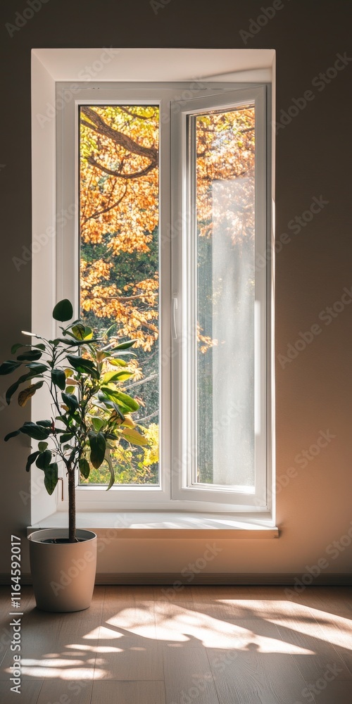 Poster a window with a plant in a white pot and a tree outside. the window is open, letting in sunlight and
