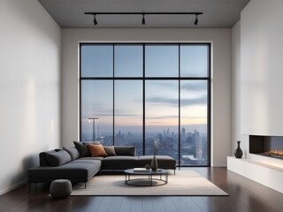 Modern living room with expansive city skyline view at dusk, featuring minimalist decor and cozy furnishings for a serene atmosphere