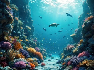 Fototapeta premium Beneath the tranquil waves, colorful corals and playful creatures thrive in a vibrant underwater paradise filled with life and beauty
