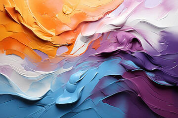 Thick, textured strokes of orange, purple, and blue paint create a dynamic abstract composition....