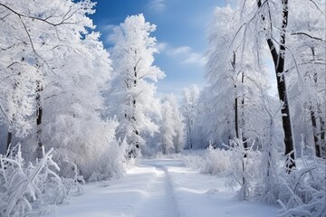 Obraz premium Winter Wonderland: Exploring the Cold Snowy Trail in a Frosty Forest Landscape