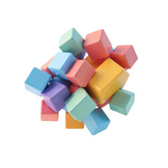 Obraz premium Colorful building blocks scattered on a white background, inviting creativity and playful imagination from children and adults alike in a joyful setting