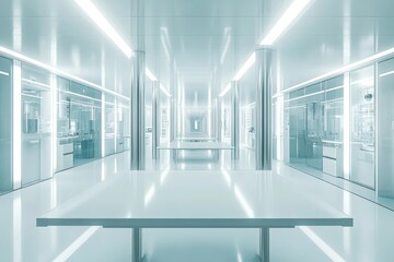 Sleek high tech laboratory with symmetrical design and modern equipment in light blue tones