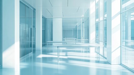 Obraz premium Contemporary white laboratory featuring metal tables and glass walls in a light blue color scheme