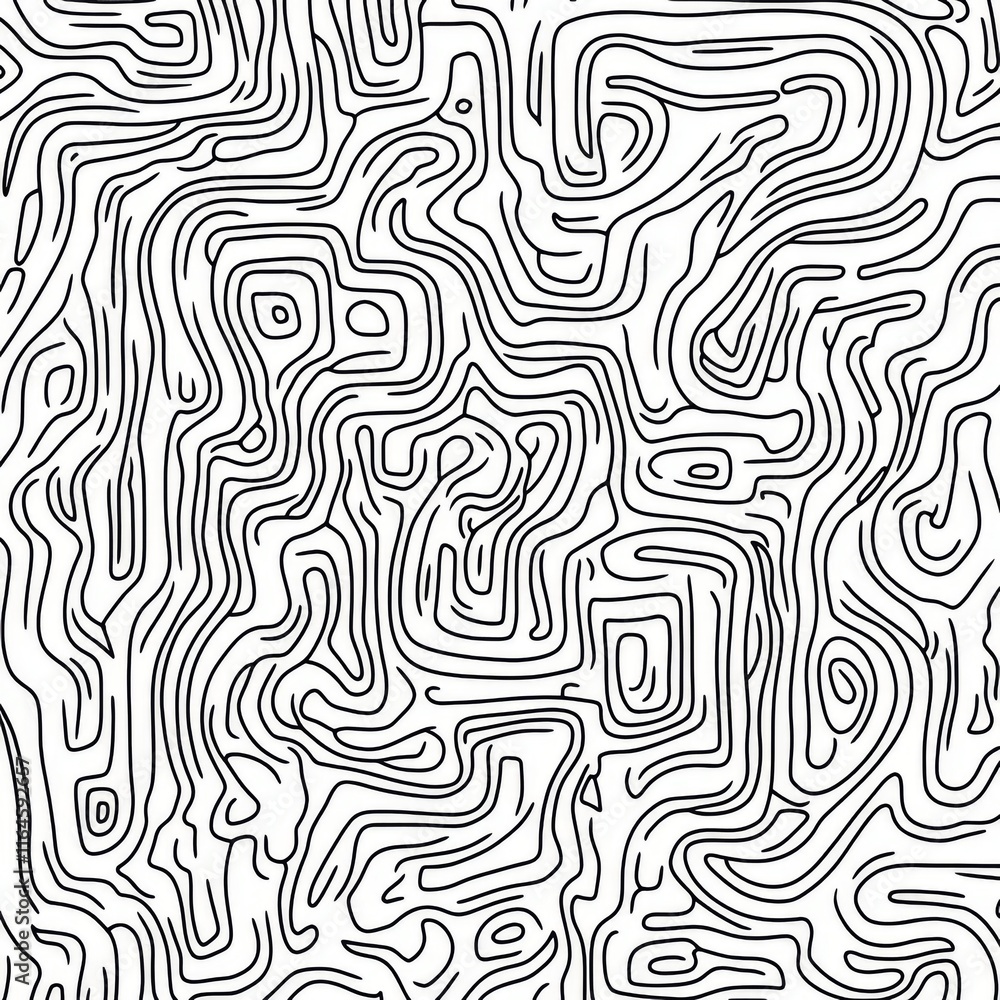 Poster abstract black and white pattern with flowing lines creating a topographic map-like design.