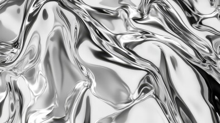 Stunning 3d render featuring liquid silver background with metallic wavy texture and chrome shine