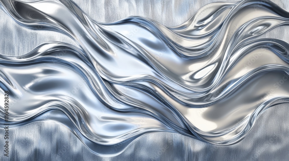 Poster abstract 3d chrome liquid background with metallic texture and flowing wavy shapes