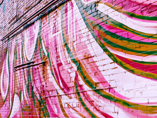 Colorful Graffiti Art on Urban Brick Wall Featuring Abstract Designs and Vibrant Green Eye