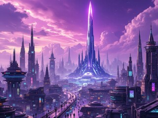 Fototapeta premium Futuristic cityscape bathed in purple hues, showcasing towering skyscrapers and vibrant lights under a dreamy sky at twilight