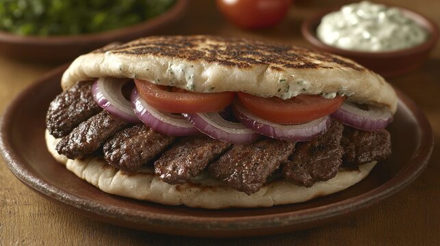 Grilled kebab sandwich with onions, tomatoes, and sauce.
