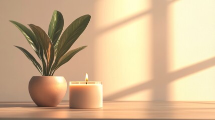 A small white candle is sitting in a white vase on a wooden table. The candle is lit, and the plant next to it is green and healthy. The table is positioned near a window