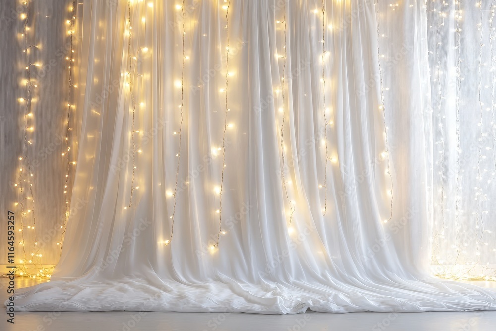 Poster a white curtain with lights hanging from it, creating a warm and inviting atmosphere