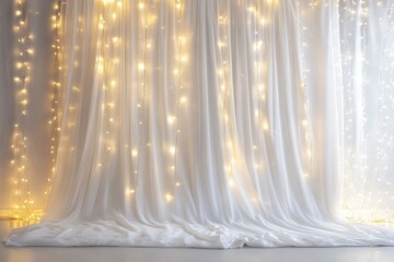 A white curtain with lights hanging from it, creating a warm and inviting atmosphere