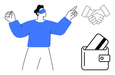Person in VR headset interacting, handshake, credit card in wallet. Ideal for virtual reality, finance, digital transactions, business deals, tech innovation e-commerce and futuristic themes. Line