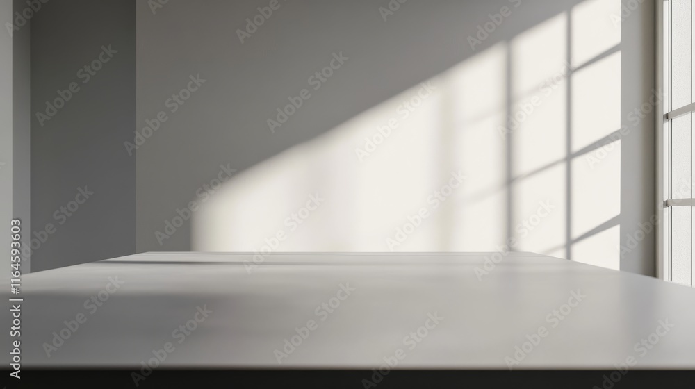 Poster a table with a window in the background. the table is empty. the window is letting in sunlight