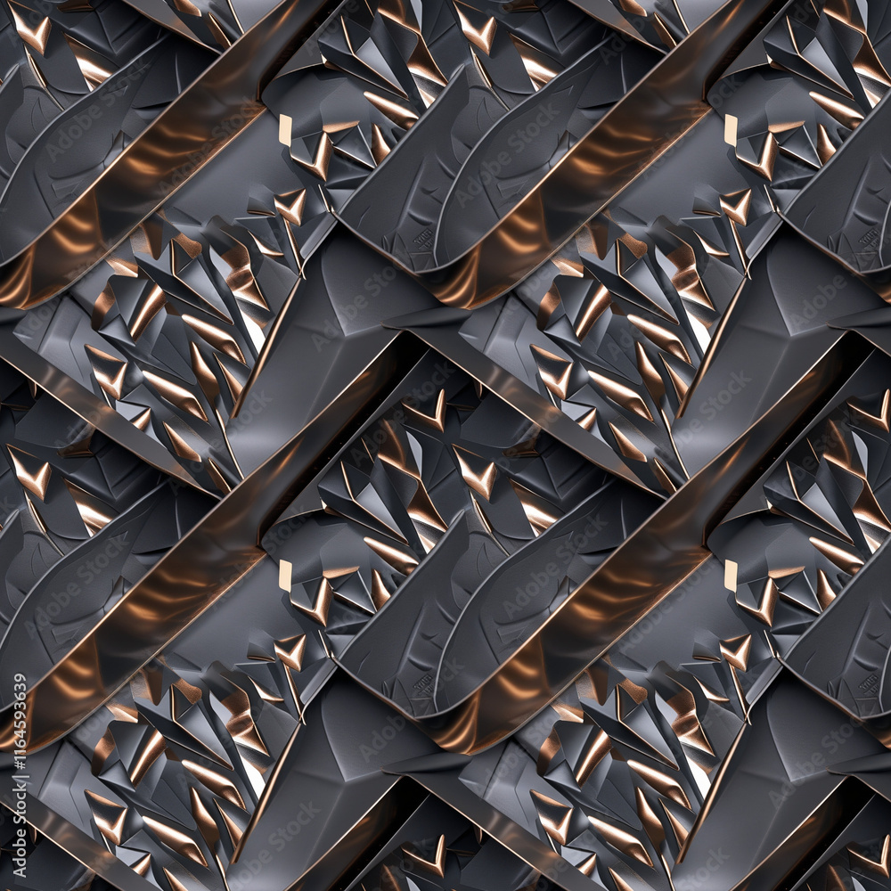 Poster seamless pattern of angular metallic shapes with a striking contrast of dark gray and copper accents