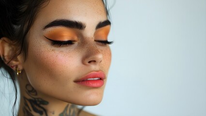 Portrait of a young woman with orange eyeshadow and tattoos