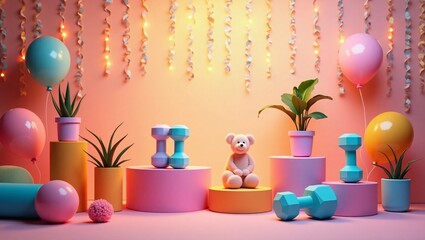 Playful Fitness Setup with Dumbbells, Teddy Bear, and Festive Decor