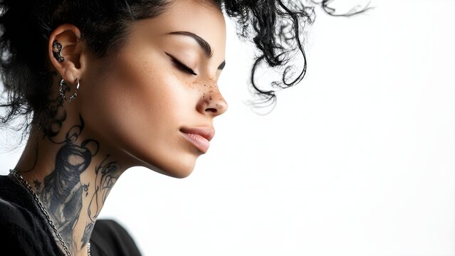 Portrait of a tattooed woman with curly hair