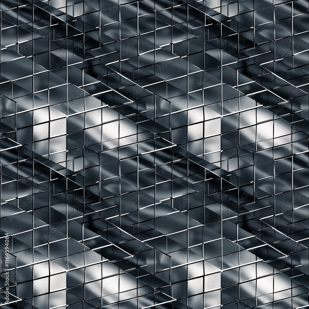 Poster seamless geometric pattern of metallic cubes and grid structures in grayscale