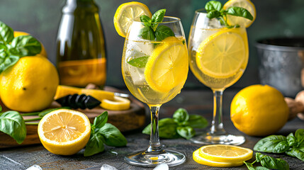 Homemade limoncello spritz drink of liquid