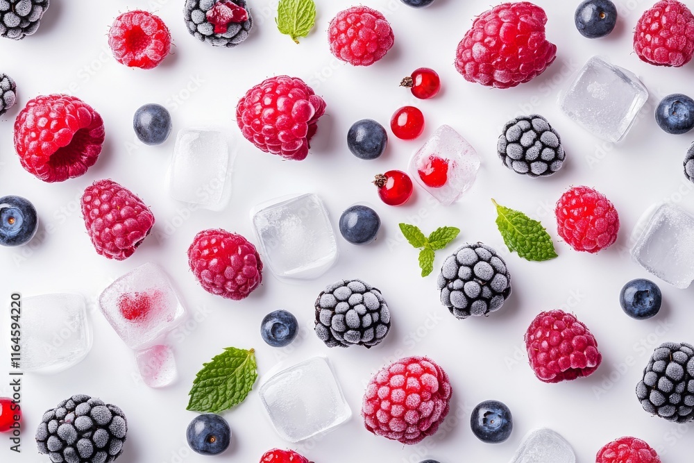 Poster fresh berries and ice cubes arranged in a refreshing pattern on a white background.