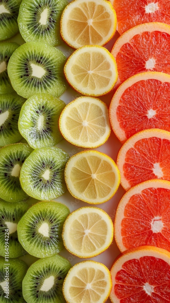 Poster a colorful display of fruit slices, including kiwi, lemon, and grapefruit. the slices are arranged i