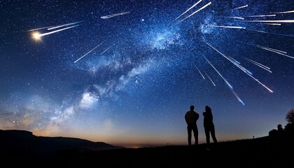 Fototapeta premium night sky with shooting stars and silhouettes