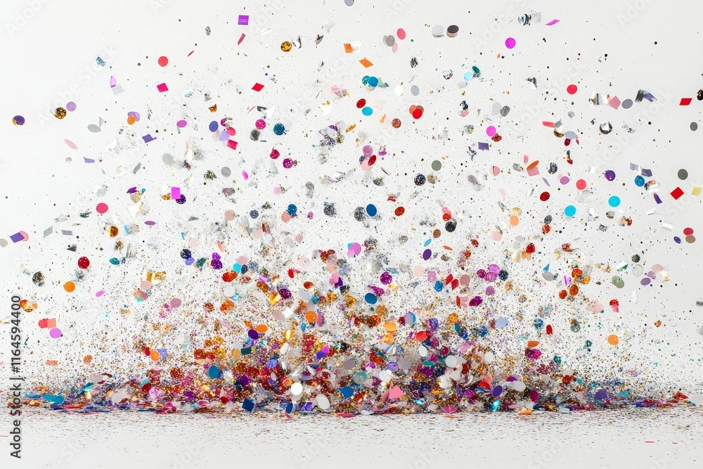 Poster a large pile of colorful confetti is scattered across a white background. the confetti is in various