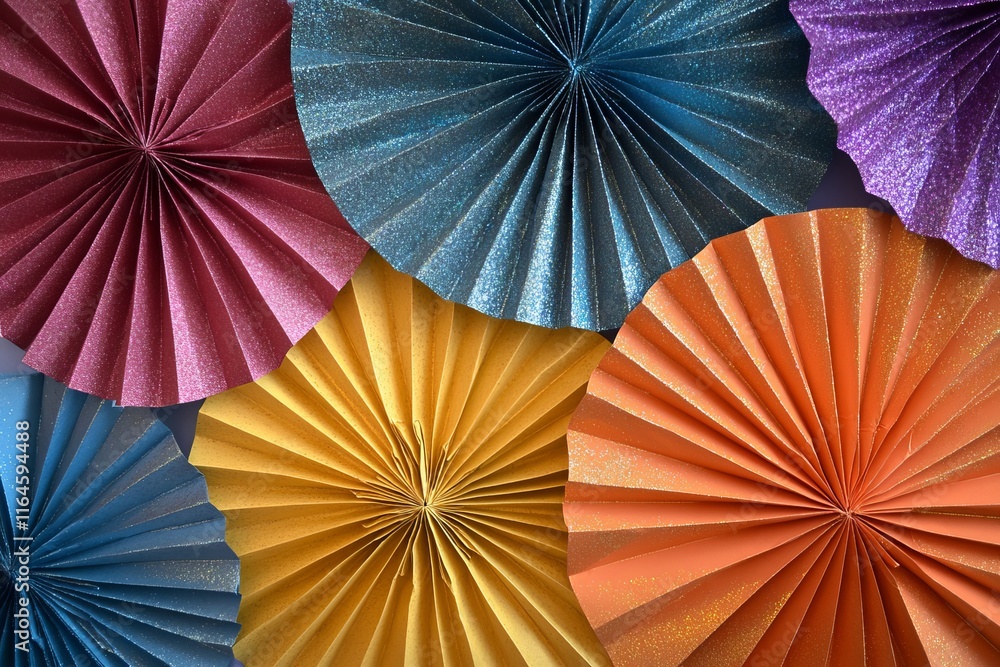 Poster a colorful display of paper fans with glitter on them. the fans are arranged in a circle and are of 