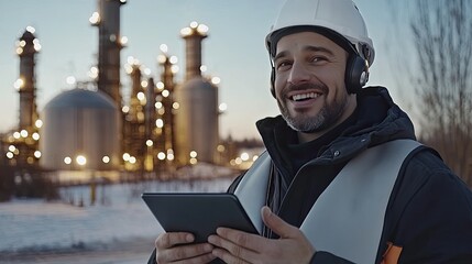Worker in safety vest and hard hat smiles while using a tablet and walkie-talkie at dusk, with an oil and gas plant backdrop