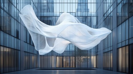 Futuristic art installation of a fluid white structure between two modern glass buildings