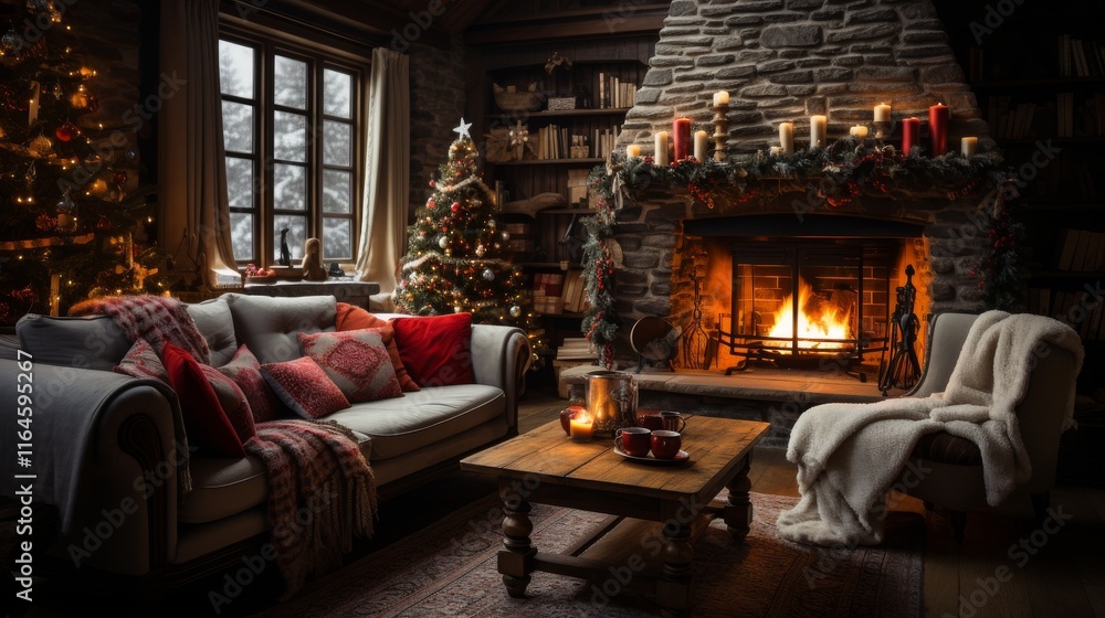 Wall mural A cozy living room with a fireplace and a Christmas tree. The room is decorated with red and white pillows and a white couch. A wooden coffee table is in the middle of the room