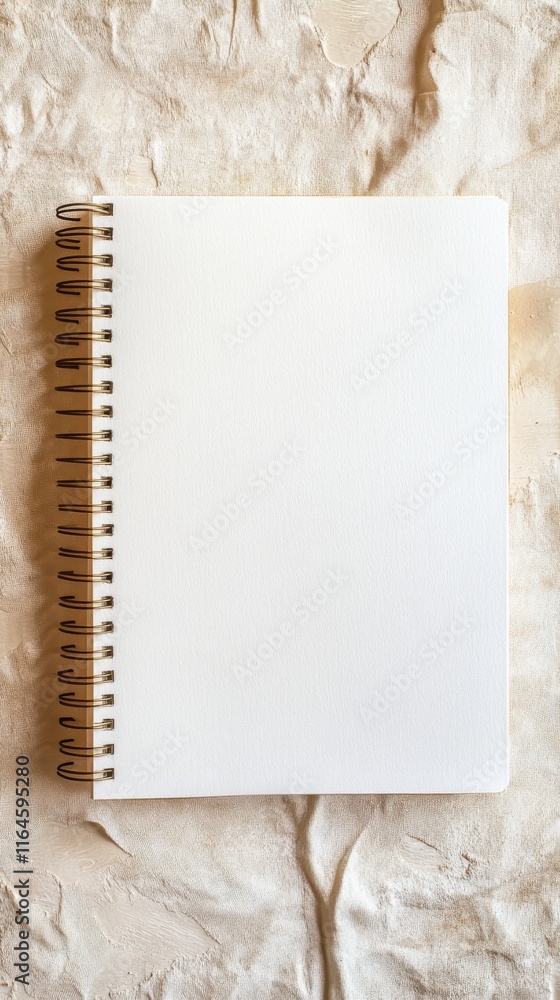 Poster a white spiral bound notebook sits on a white cloth. the notebook is empty and has a plain design. c