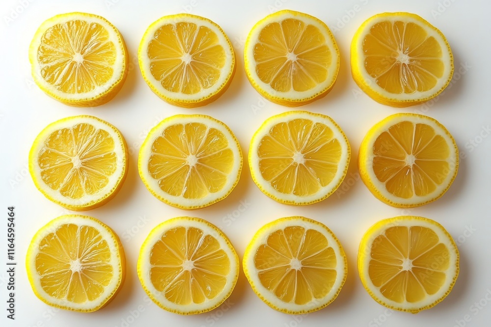 Poster a close up of a dozen slices of lemon. the slices are cut in half and arranged in a grid