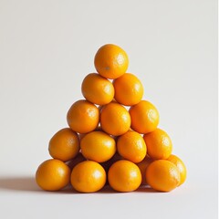 A pyramid of fresh oranges arranged against a plain background, highlighting vibrant colors and geometric design.