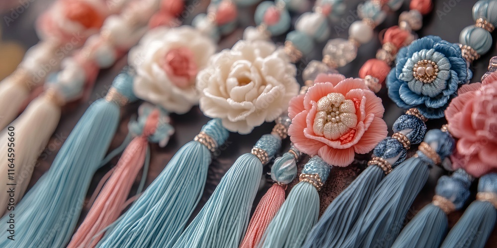 Poster a row of colorful flower tassels are displayed on a table. the tassels are made of different colors 