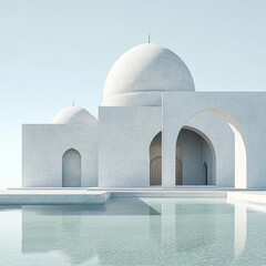 A white mosque with a dome on top. The mosque has a pool in front of it. The pool is surrounded by a white wall