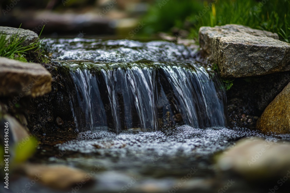 Poster a small stream of water flows over a rock. the water is clear and calm. the rocks are scattered arou
