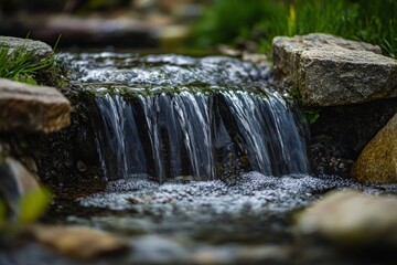 A small stream of water flows over a rock. The water is clear and calm. The rocks are scattered around the stream, creating a natural setting