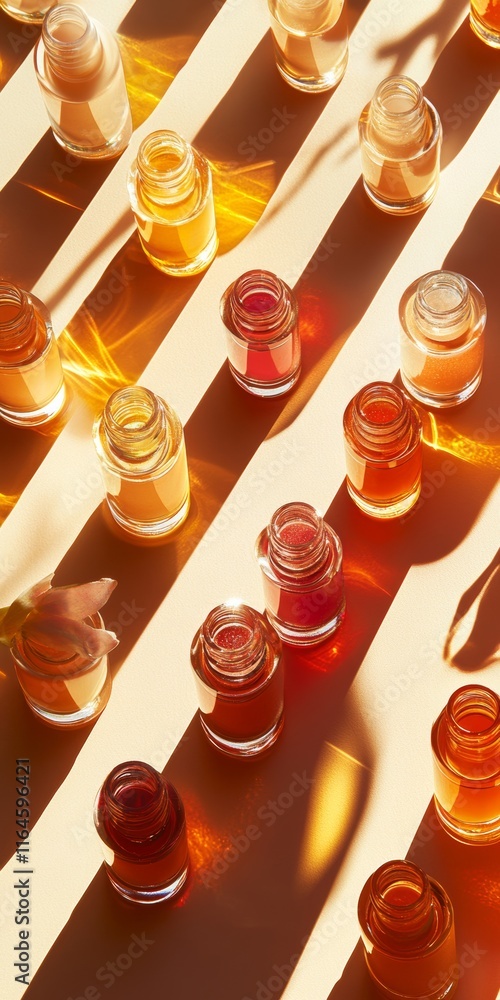 Poster a row of bottles with different colored liquids in them