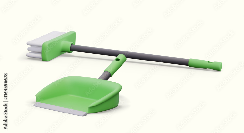 Poster scoop and brush for sweeping with long handle. set of vector realistic elements on light background.