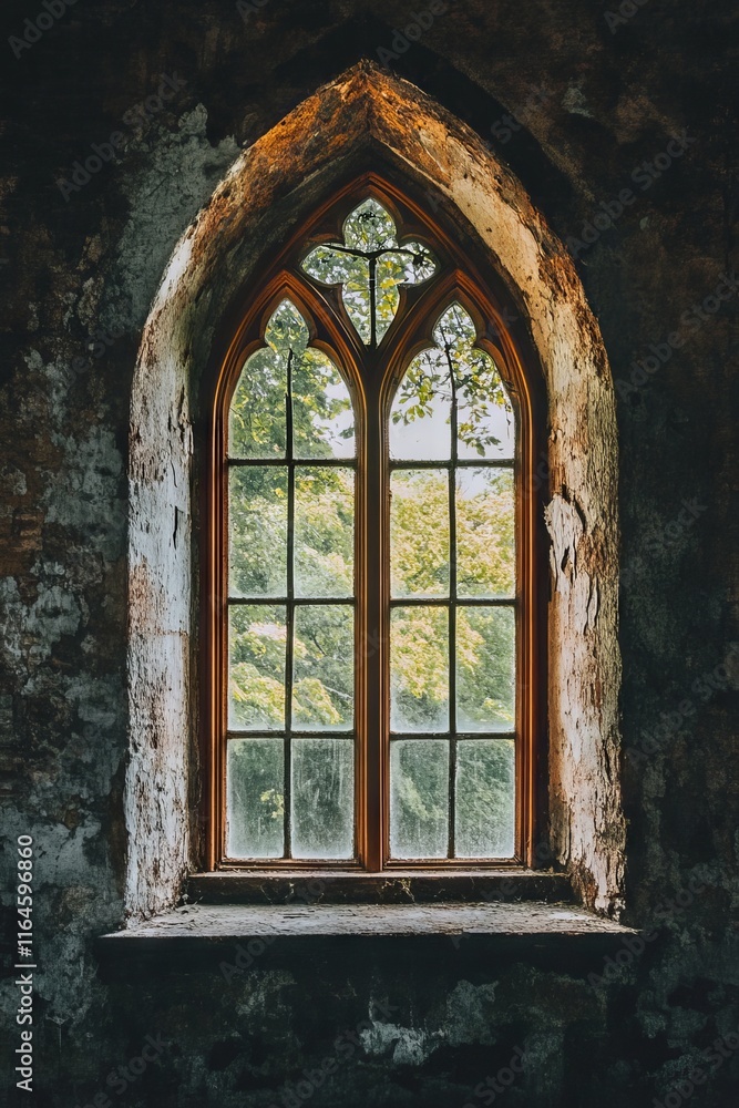 Poster a window with a view of trees and a brick wall. the window is open and the sunlight is shining throu