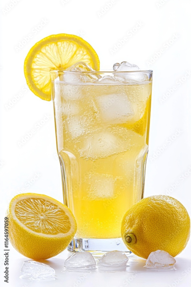 Poster a glass of lemonade with ice cubes and a slice of lemon on the side. the glass is half full and the 