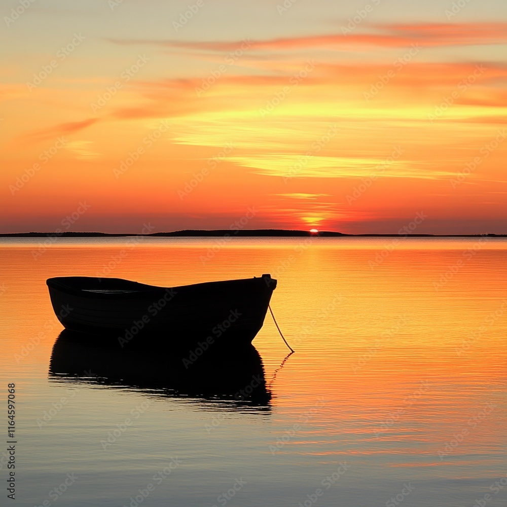 Poster a boat is floating in the water with the sun setting in the background. the boat is small and is in 